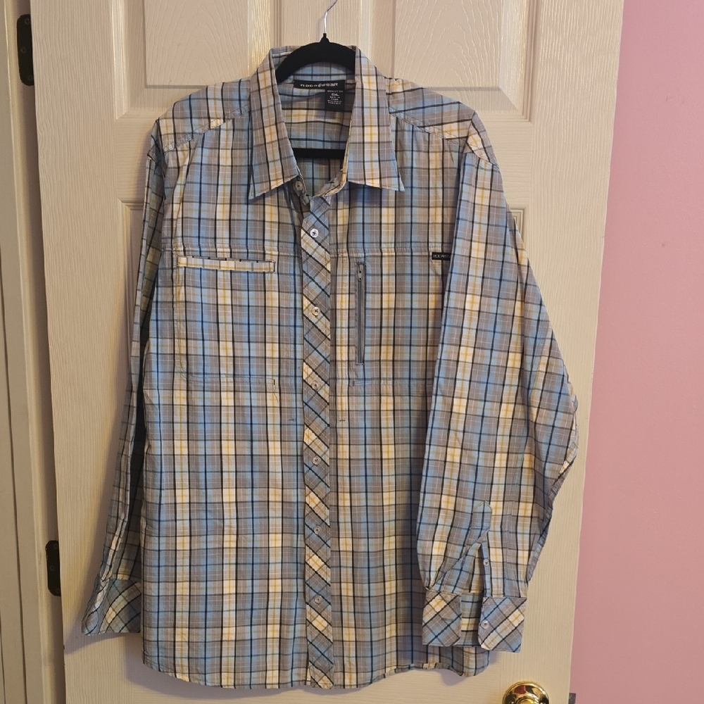 Rocawear Blue and Tan Plaid Button-Down Shirt
